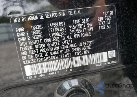 2021 Honda Hr-V Ex из США, поврежденный, VIN 3CZRU6H56MM717952